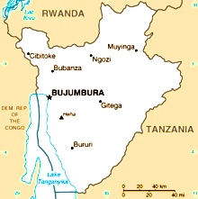 Map of Burundi and its neighbors. Zaire, as lthe country was known in the earl 1990s,. is now the Democratic Republic of Congo.