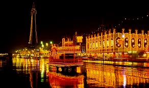 The Blackpool Illuminations, with virtually every building and property along the water shining with lights.
