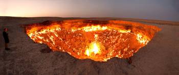 The Darvaza Gas Crater, known in Turkmenistan as the "Gate to Hell" was a natural gas field which collapsed into an underground cavern. 