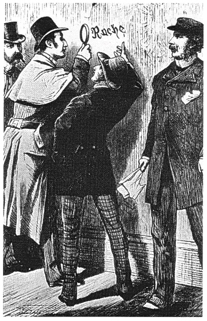 Original illustration of Holmes with magnifying glass, by D. H. Friston, 1887.