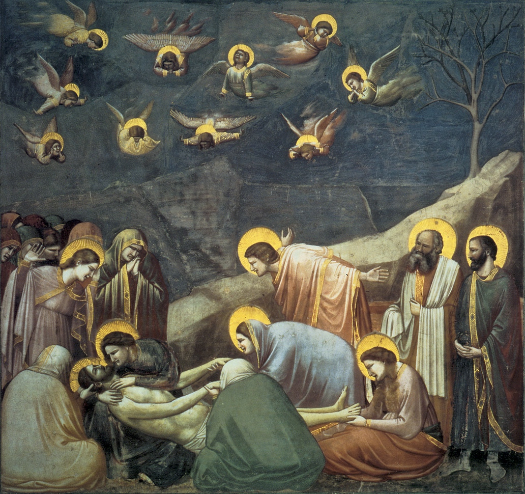 Giotto's "Lamentation," from which the artist is studying and painting the angels.