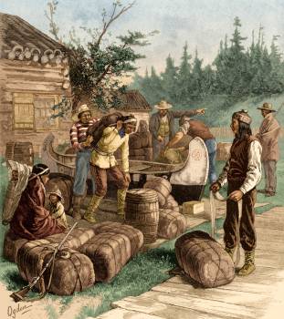 Indians trading fur at Hudson's Bay Trading post, 1800s, where Titch searches for his issing father.