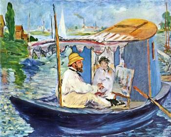 Edouard Manet paints Monet and wife Clarisse in Monet's boat-studio, ca. 1874