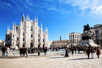 View of Piazza del Duomo in center of Milan. Jean B. finds a bookstore to amuse him while there.