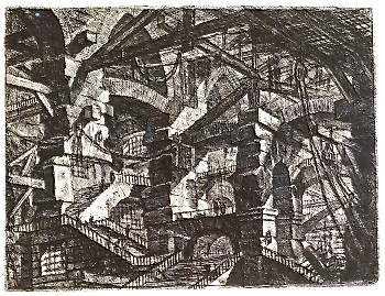 A great admirer of the prison designs by Piranesi, Kozaburo Hamamoto, was attracted to the designs for staircases, drawbridges, ropes, and beams.