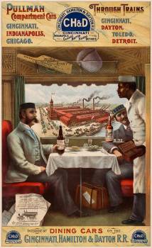 A Pullman car, a dining room on wheels, designed by George Pullman, part of the thesis being written by the narrator.