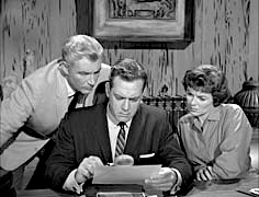 The main characters in the TV series, Raymond Burr as Perry, Barbara Hale as Della Street, and William Hopper as Paul Drake