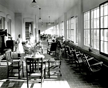The interior of the mental institution may have resembled this one at Danvers State Hospital in MA, which operated until 1992.