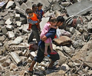family escapes rubble