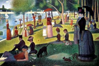 Georges Seurat's "Sunday Afternoon on the Ile de la Gande Jatte," which plays with reality, the painting created from tiny dots. Double click to enlarge
