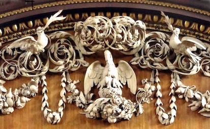 In one room in Richmond Hall is a wood garland framing a panel with a “tangle of carved birds” by Grinling Gibbons