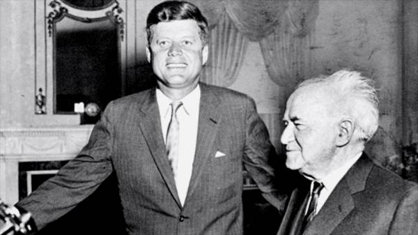 President John F. Kennedy meets with Prime Minister David Ben-Gurion in May, 1961. They meet at the Waldorf Astoria, not at the White House, due to the tensions between their countries.