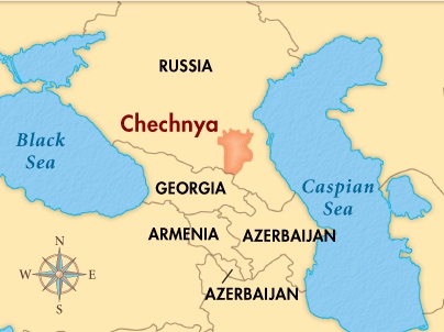 A map of Chechnya shows is location in the south of Russia.