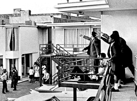 The Lorraine Motel in Memphis, where Dr. Martin Luther King was assassinated by James Earl Ray on April 4, 1968. The shot came from the window being pointed out in this photo.
