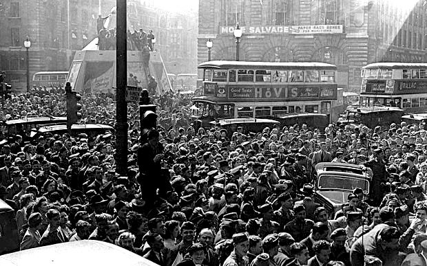 Piccadilly Square, August 11, 1945, as the country celebrates the end of the war.