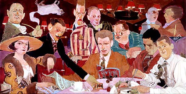 In this painting in the dining room of the Algonquin, Dorothy Parker is on the far left, with Robert Benchley above her, and Mathilde, the Algonquin's resident cat, seen upside down in Benchley's smoke.