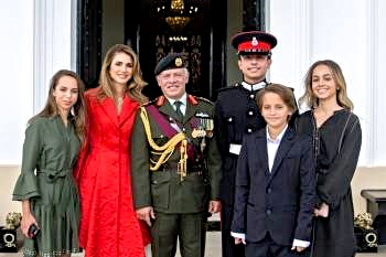 King Abdullah and Queen Rania with their four children, Princess Iman, Princess Salma, Crown Prince Hussein, upon his graduation from the Royal Military Academy Sandhurst , and Prince Hashem.