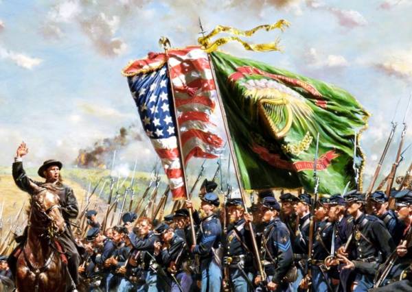 Battle scene by Don Troiani shows the harp and shamrock insignia of the Irish Brigade during the Civil War.