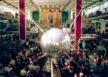Soviet Pavilion at the Brussels World Expo 1958, where secret copies of Dr. Zhivago appear. (That is Sputnik in the center.)