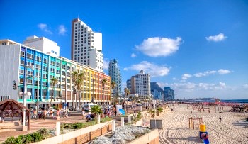 The beach and promenade in Tel Aviv, a pleasant place for the characters to walk.