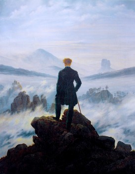"Wanderer Above a Sea of Fog" by Caspar David Friederich, 1818, is a painting which Alekhine remembers in a poignant moment as he is walking with Neumann, who is ahead of him, one of the few emotional moments we see from Alekhine in this novel.